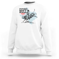 White crewneck sweatshirt with western bull rider graphic and stacked text logo