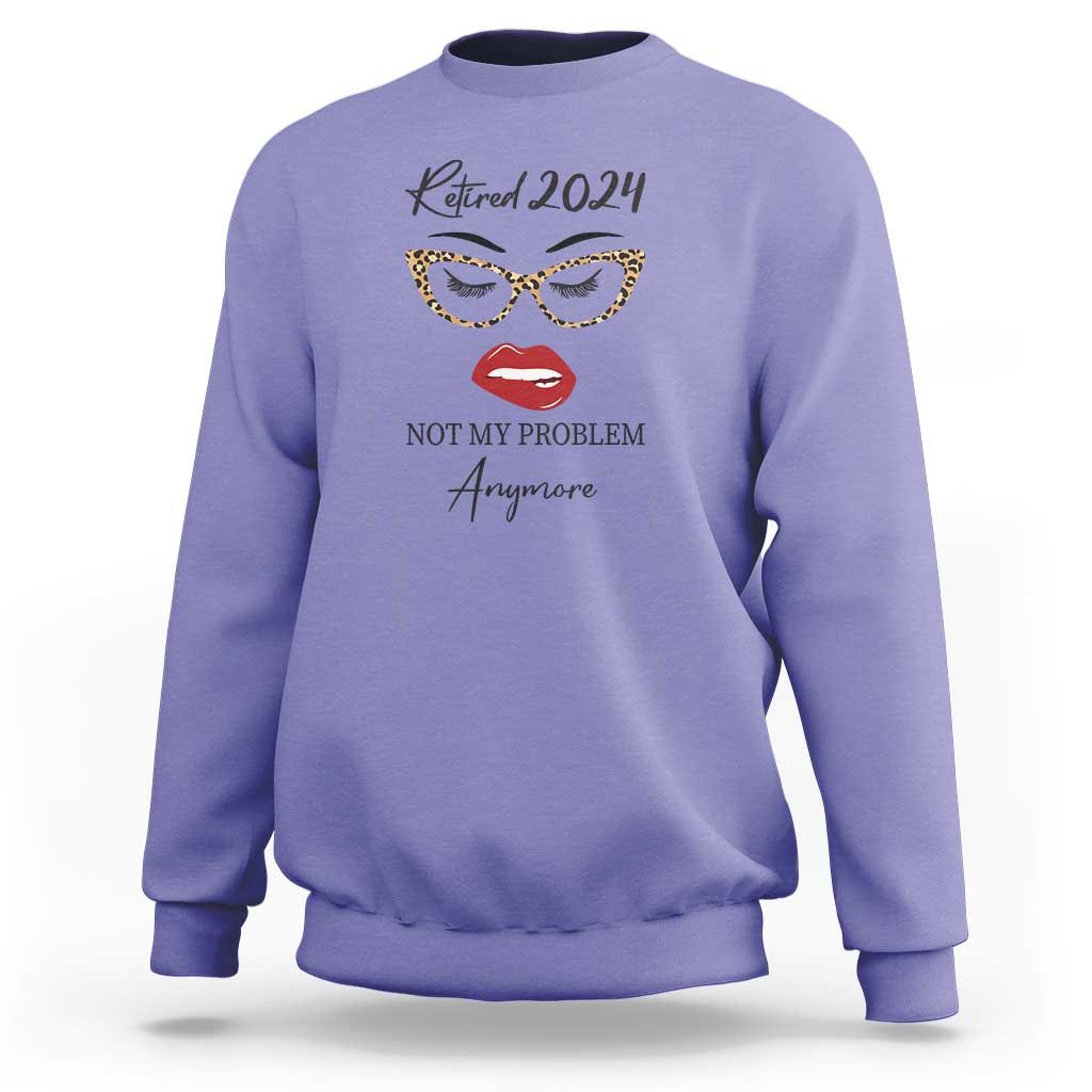 Lavender retirement sweatshirt with 'Retired 2024' and face slogan graphic