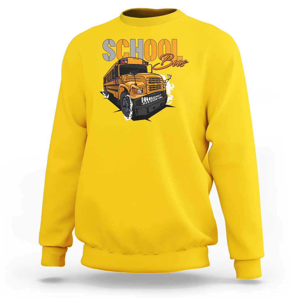 Yellow sweatshirt with school bus graphic, crewneck and long sleeves, front view.