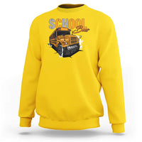 Yellow sweatshirt with school bus graphic, crewneck and long sleeves, front view.