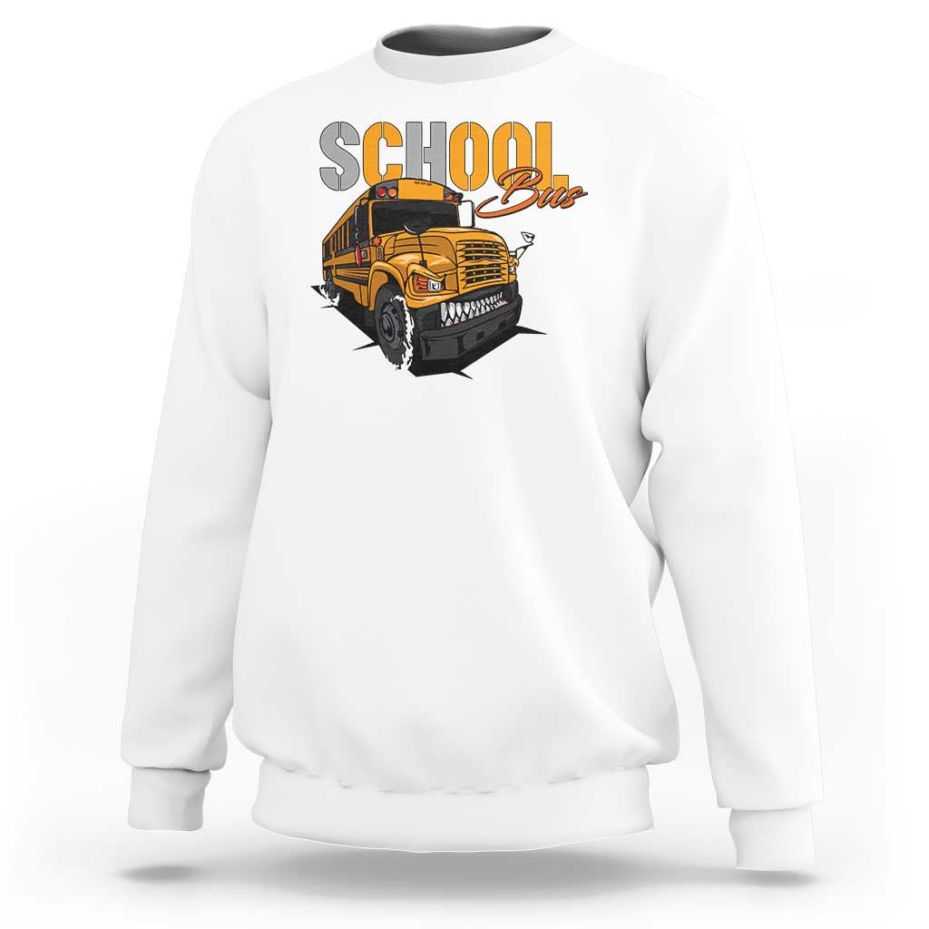 White sweatshirt with school bus graphic, crewneck and long sleeves, front view.