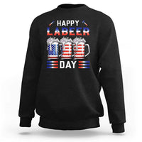 Black crewneck sweatshirt with Happy Labeer Day beer mug and striped flag graphic