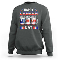 Dark heather crewneck sweatshirt with Happy Labeer Day beer mug and striped flag graphic