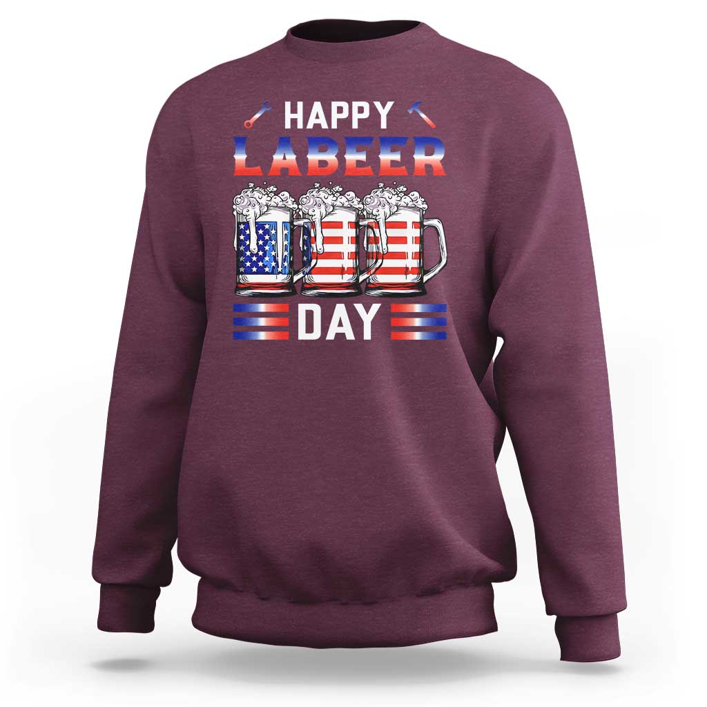 Maroon crewneck sweatshirt with Happy Labeer Day beer mug and striped flag graphic