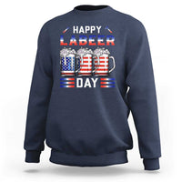 Navy crewneck sweatshirt with Happy Labeer Day beer mug and striped flag graphic