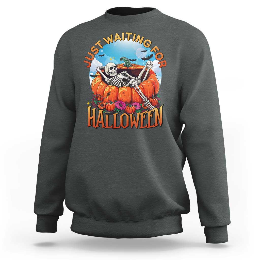 Charcoal gray Halloween sweatshirt with skeleton, pumpkins, and “Halloween” front graphic