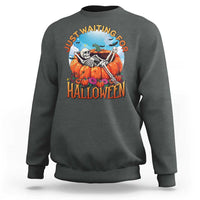 Charcoal gray Halloween sweatshirt with skeleton, pumpkins, and “Halloween” front graphic