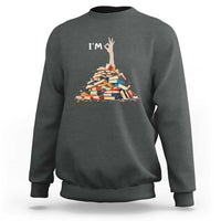 Book lover sweatshirt, charcoal gray with “I'm” text and stacked books graphic