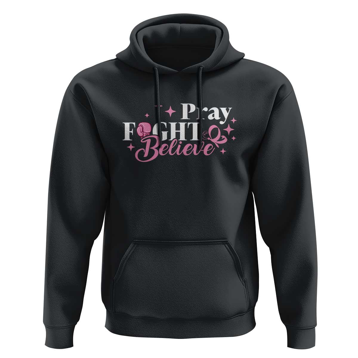 Breast Cancer Awareness Hoodie Pray Fight Believe Boxing Glove Pink Ribbon Butterfly - Wonder Print Shop