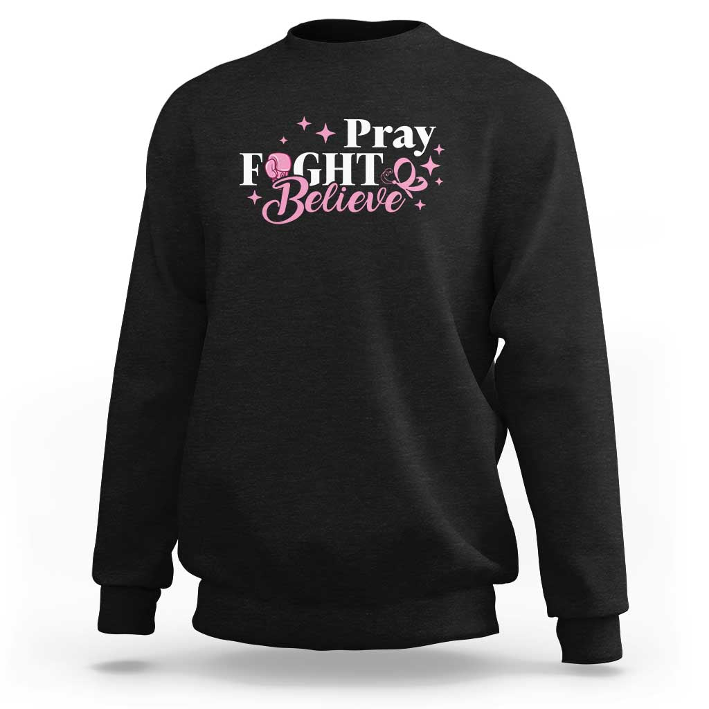 Breast Cancer Awareness Sweatshirt Pray Fight Believe Boxing Glove Pink Ribbon Butterfly - Wonder Print Shop