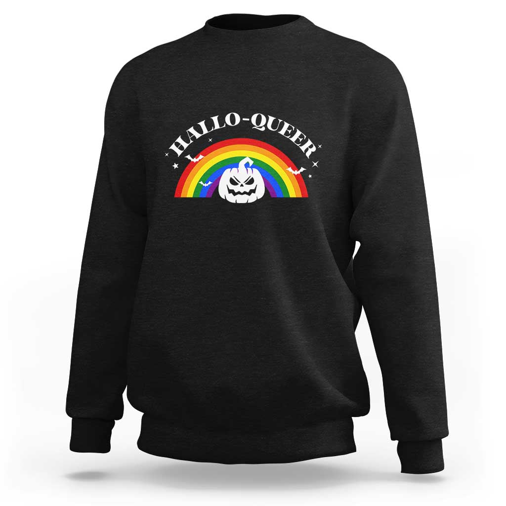 Black crewneck sweatshirt with HALLO-QUEER rainbow pumpkin graphic