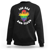 Halloween LGBT sweatshirt, black with rainbow ghost graphic and boo-tiful text