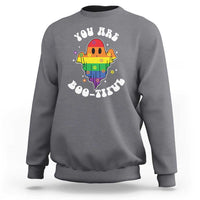 Halloween LGBT sweatshirt, charcoal gray with rainbow ghost graphic and boo-tiful text