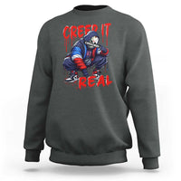 Charcoal Halloween horror sweatshirt with 'Creep It Real' graphic front