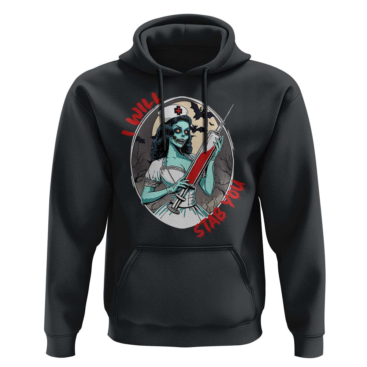 Black pullover hoodie with zombie nurse graphic on front pocket area.