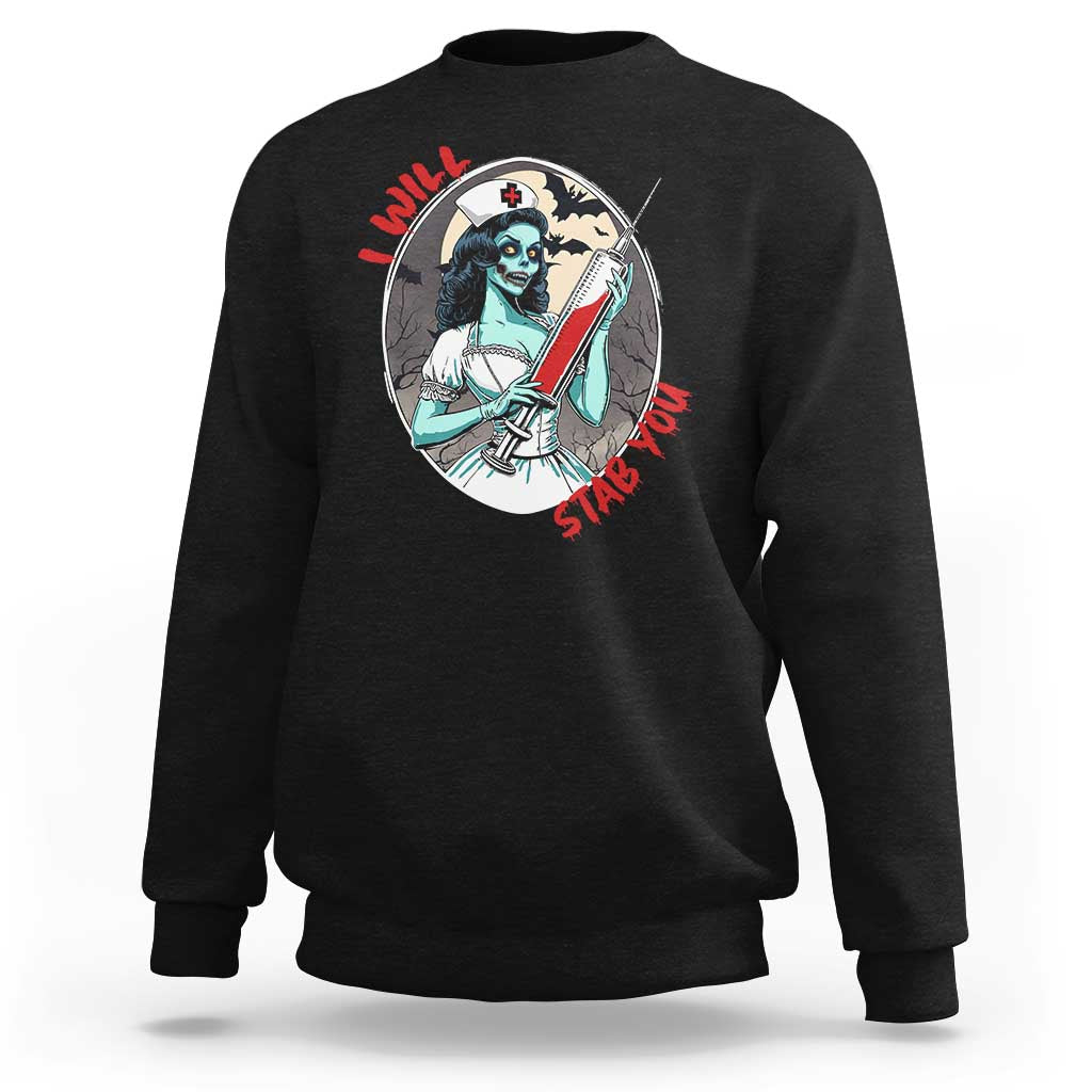 Crewneck sweatshirt in black with zombie nurse graphic on the chest
