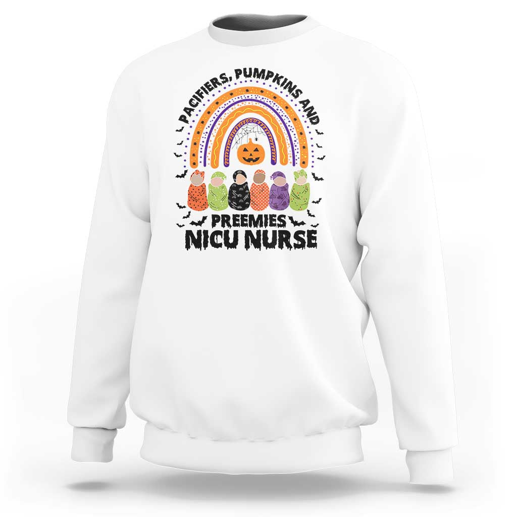 White Halloween sweatshirt with rainbow NICU nurse preemie and pumpkin graphic