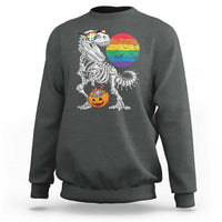 Dark heather Halloween sweatshirt with T-Rex skeleton, rainbow moon, and jack-o'-lantern graphic