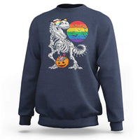 Navy Halloween sweatshirt with T-Rex skeleton, rainbow moon, and jack-o'-lantern graphic