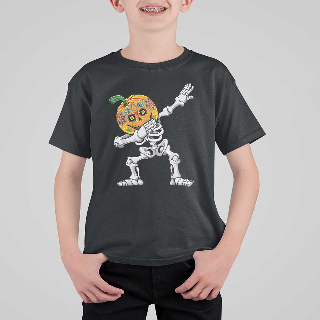 Day Of The Dead T Shirt For Kid Dabbing Pumpkin Skeleton Halloween Sugar Skull - Wonder Print Shop