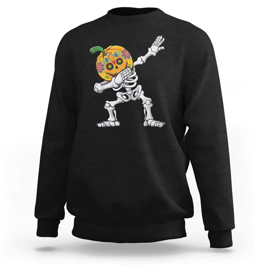 Black sweatshirt with dabbing skeleton pumpkin graphic, crew neck and long sleeves