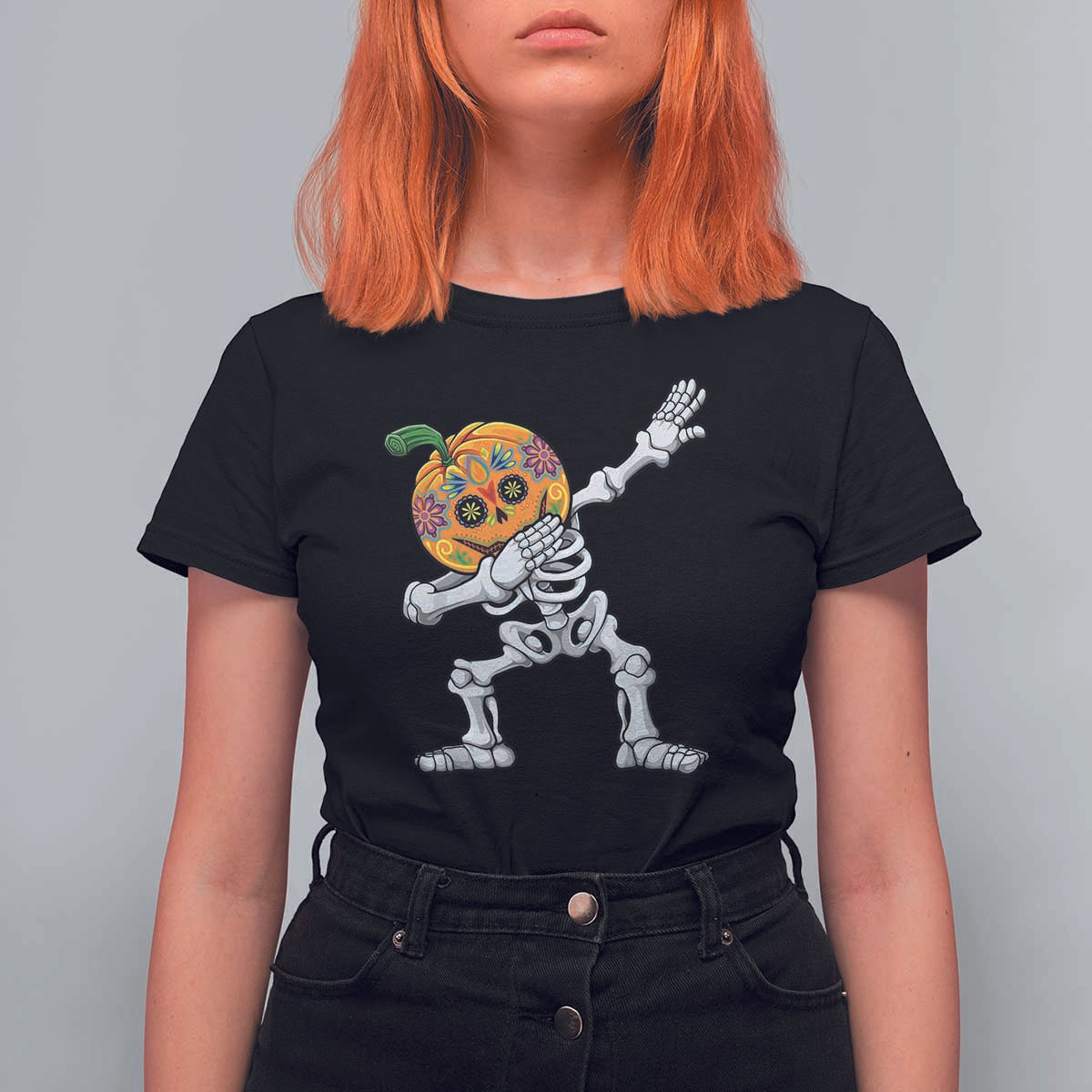 Day Of The Dead T Shirt For Women Dabbing Pumpkin Skeleton Halloween Sugar Skull