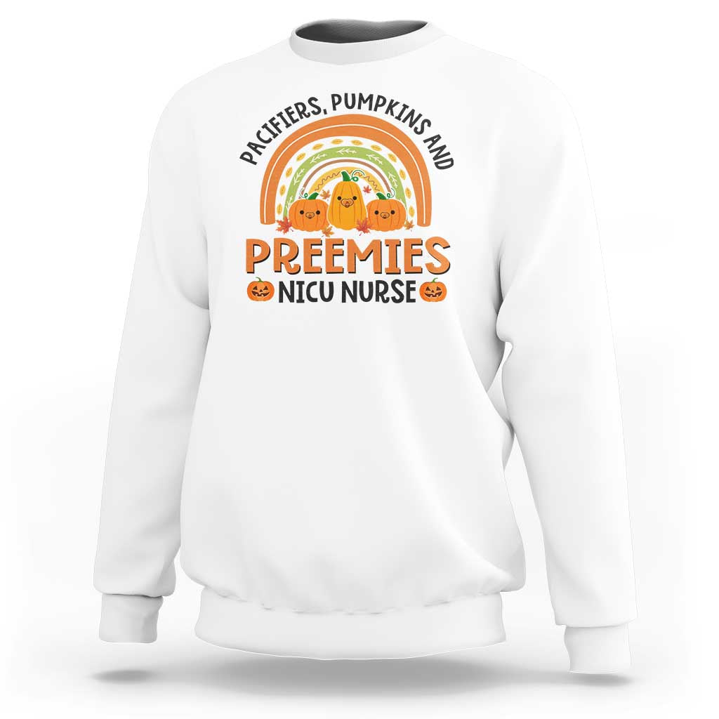 Kids white Halloween sweatshirt with “Preemies NICU Nurse” graphic on center front