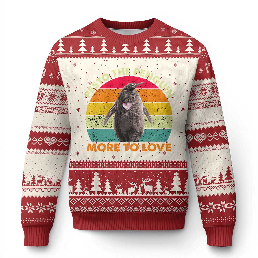 Red ugly Christmas sweater with penguin graphic, rainbow circle, and festive knit patterns