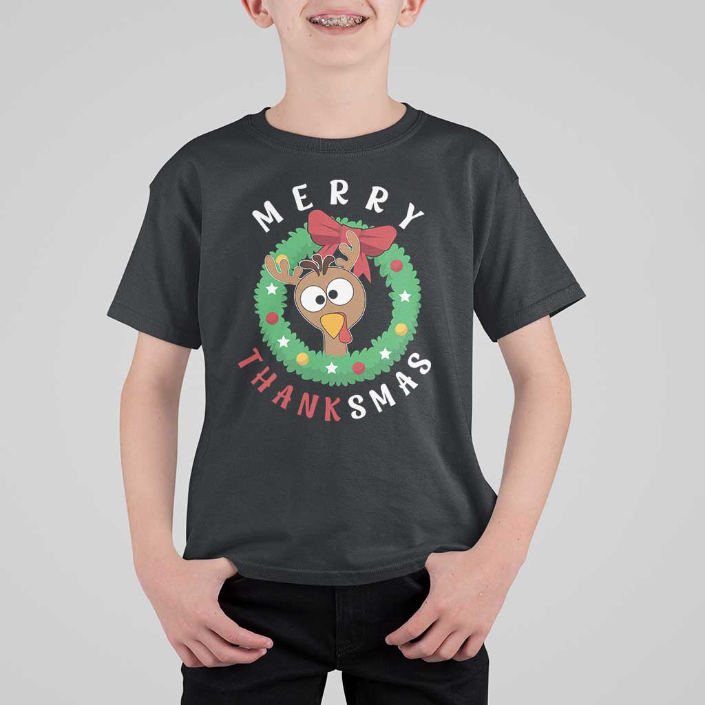 Funny Thanksgiving Christmas T Shirt For Kid Merry Thanksmas Turkey Reindeer Antler - Wonder Print Shop