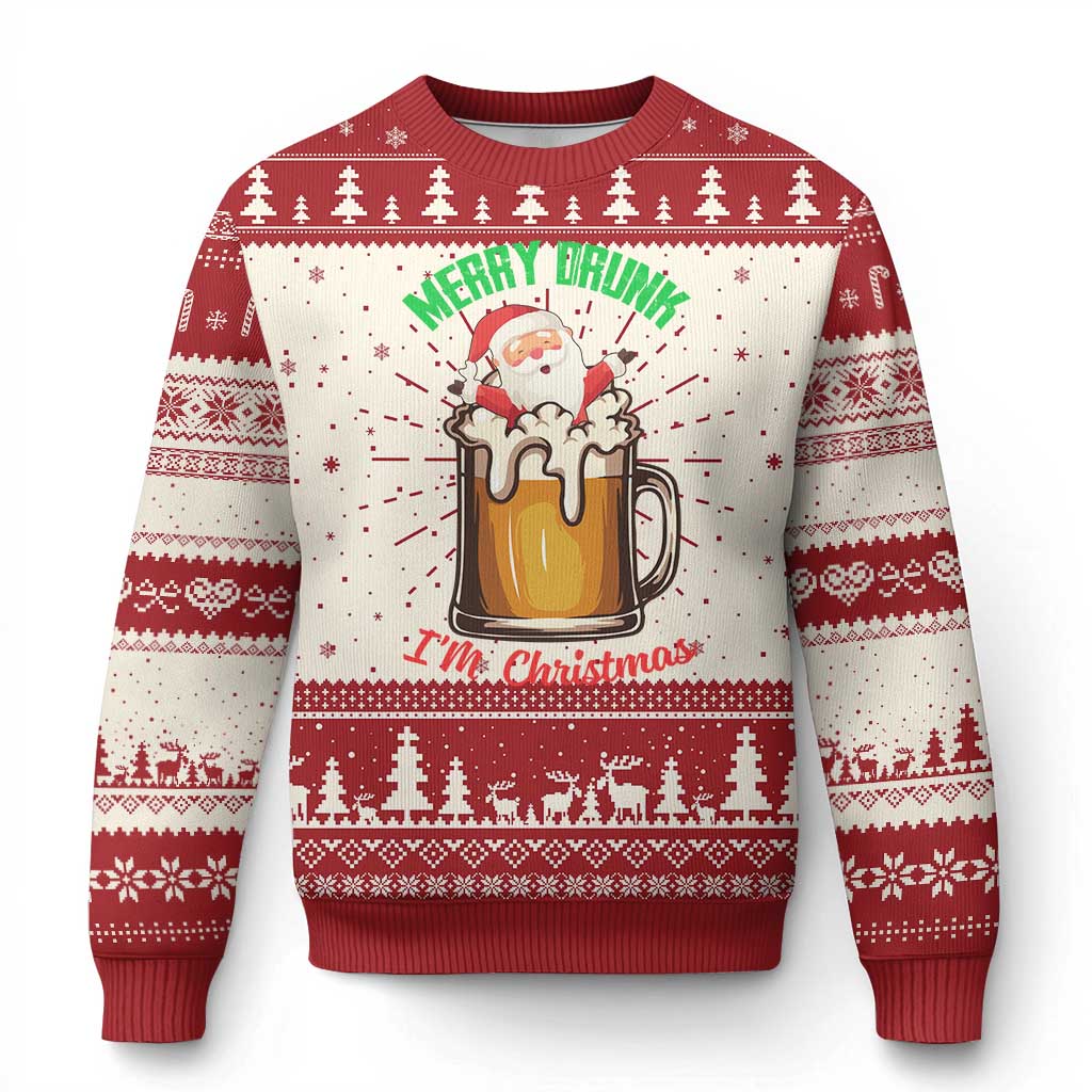 Red and white holiday sweater with Santa holding beer mug graphic and patterned cuffs