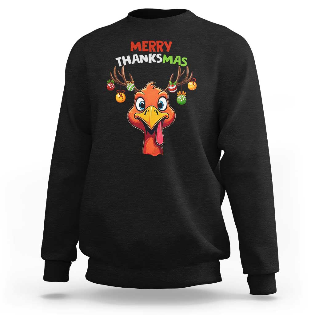 Funny Christmas Thanksgiving Sweatshirt Merry Thanksmas Turkey Reindeer Antler Baubles - Wonder Print Shop