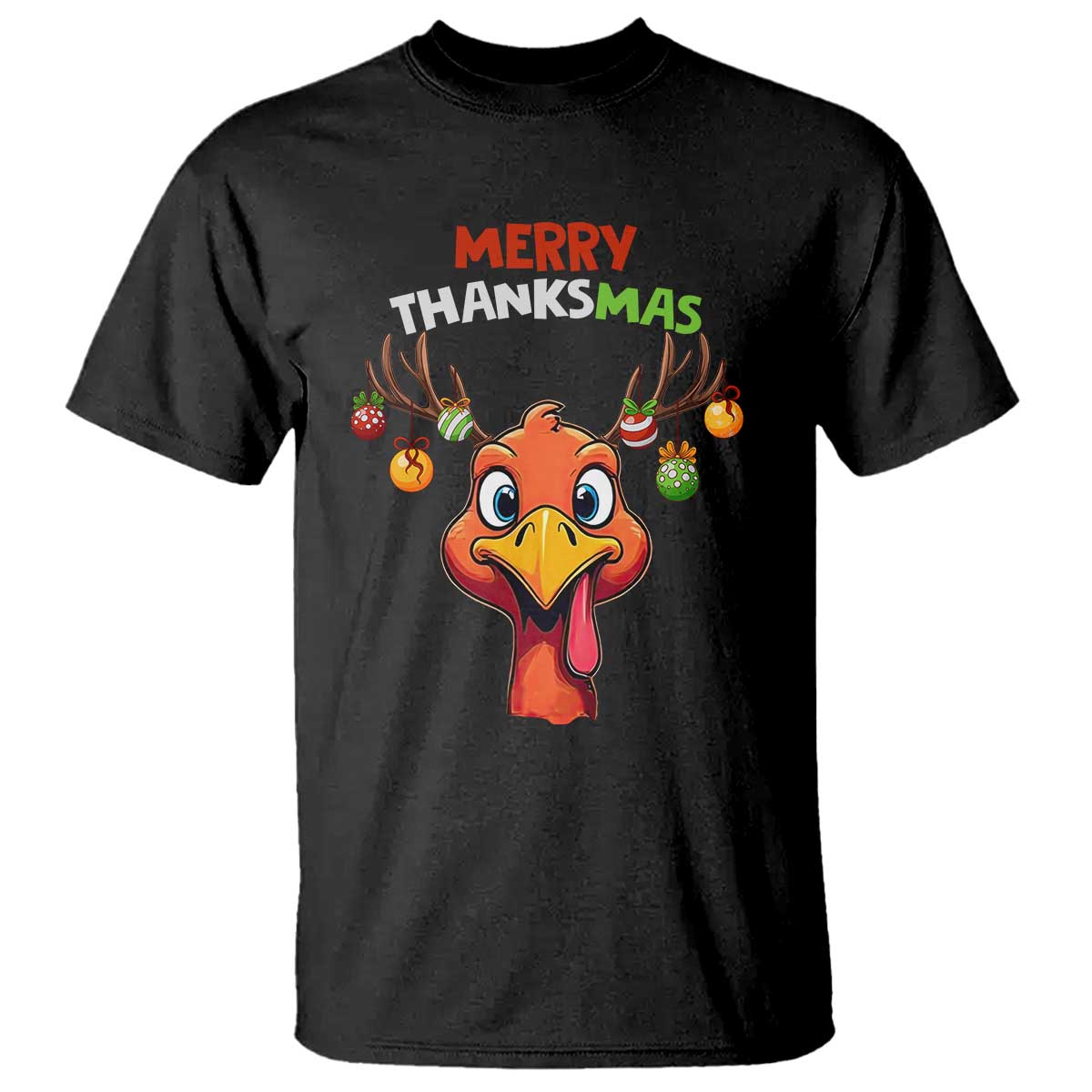 Funny Christmas Thanksgiving T Shirt Merry Thanksmas Turkey Reindeer Antler Baubles - Wonder Print Shop