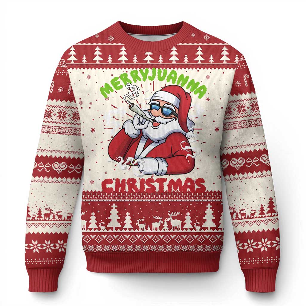 Red knit Christmas sweater with Santa character and “MERRYJUANNA” text graphic