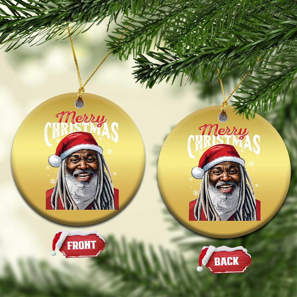 Gold circular Santa Christmas ornaments hanging on tree branches, “Merry Christmas”