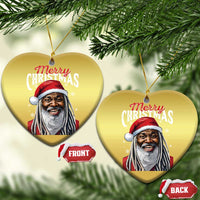 Gold heart-shaped Santa Christmas ornaments with “Merry Christmas” and front/back tags