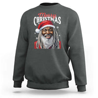Charcoal gray crewneck sweatshirt with “Merry Christmas” text and Santa portrait graphic