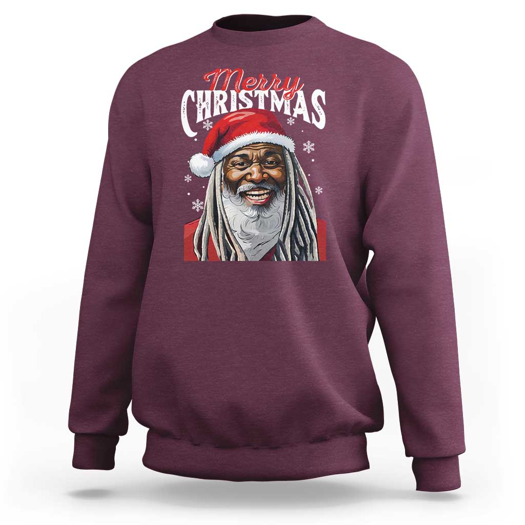 Maroon crewneck sweatshirt with “Merry Christmas” text and Santa portrait graphic