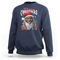 Navy crewneck sweatshirt with “Merry Christmas” text and Santa portrait graphic