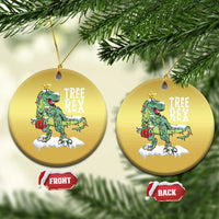 Pair of gold round hanging ornaments with Tree Rex dinosaur graphic, each with star charm
