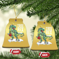 Pair of gold bell-shaped hanging ornaments with Tree Rex dinosaur front/back labels and star charm