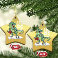 Two gold star-shaped hanging ornaments with Tree Rex dinosaur and star charm