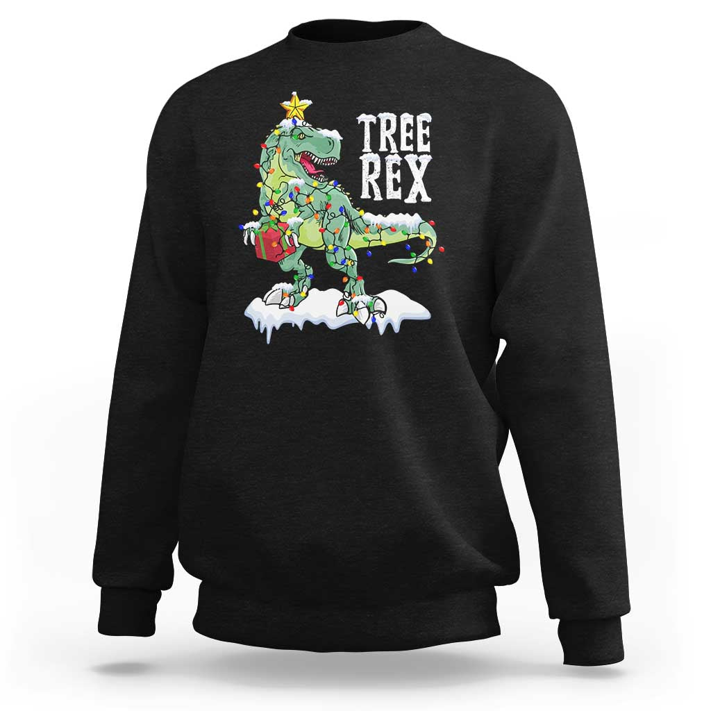 Black Christmas dinosaur T-Rex sweatshirt with tree lights graphic on chest