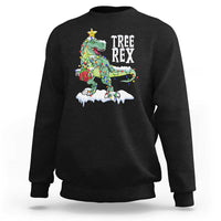 Black Christmas dinosaur T-Rex sweatshirt with tree lights graphic on chest