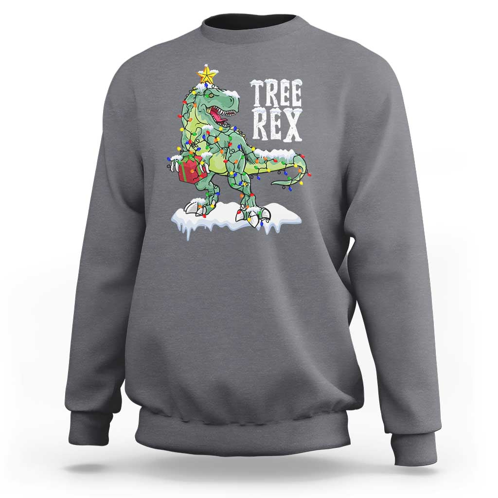 Heather gray Christmas dinosaur T-Rex sweatshirt with tree lights graphic on chest