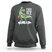 Charcoal gray Christmas dinosaur T-Rex sweatshirt with tree lights graphic on chest