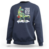 Navy Christmas dinosaur T-Rex sweatshirt with tree lights graphic on chest