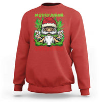 Red crewneck sweatshirt with 'Merry Juana Christmas' graphic Santa and leaves
