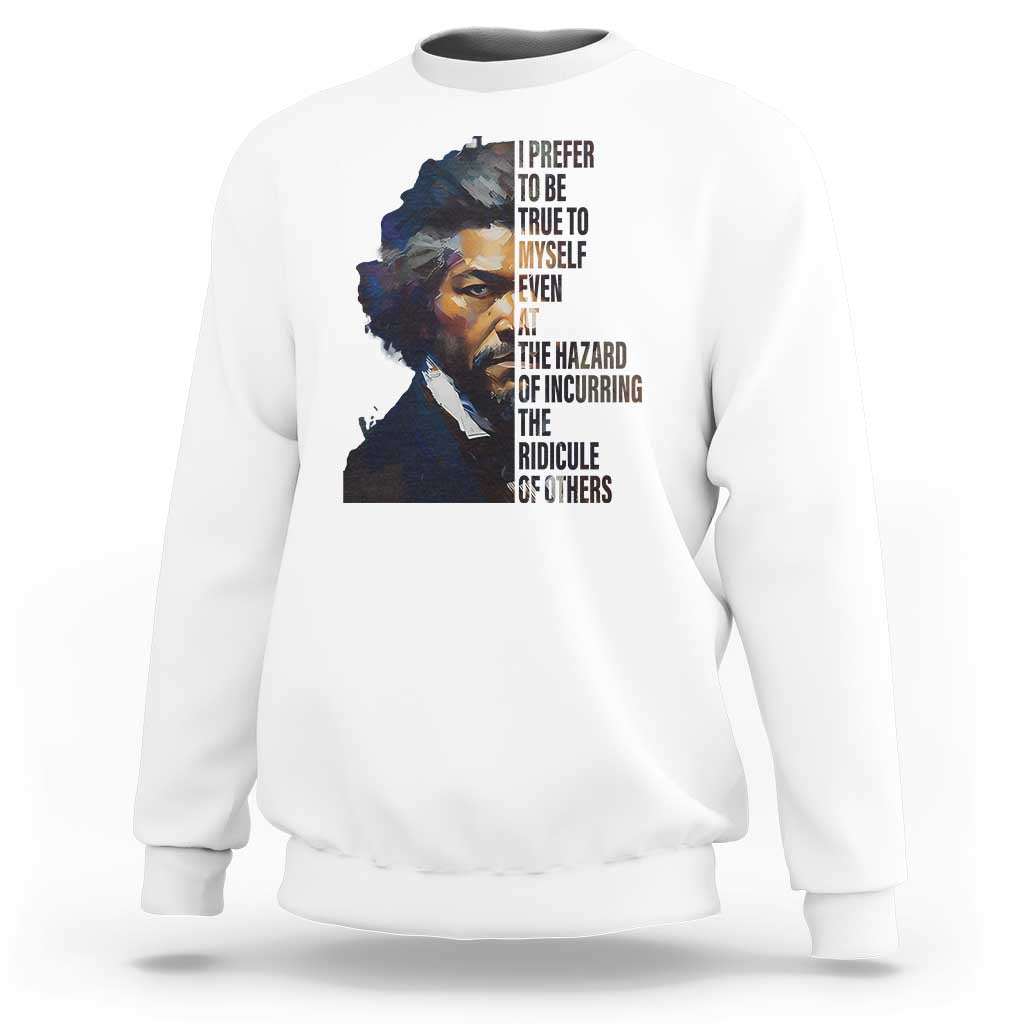 White quote sweatshirt with Frederick Douglass portrait and stacked quote text graphic