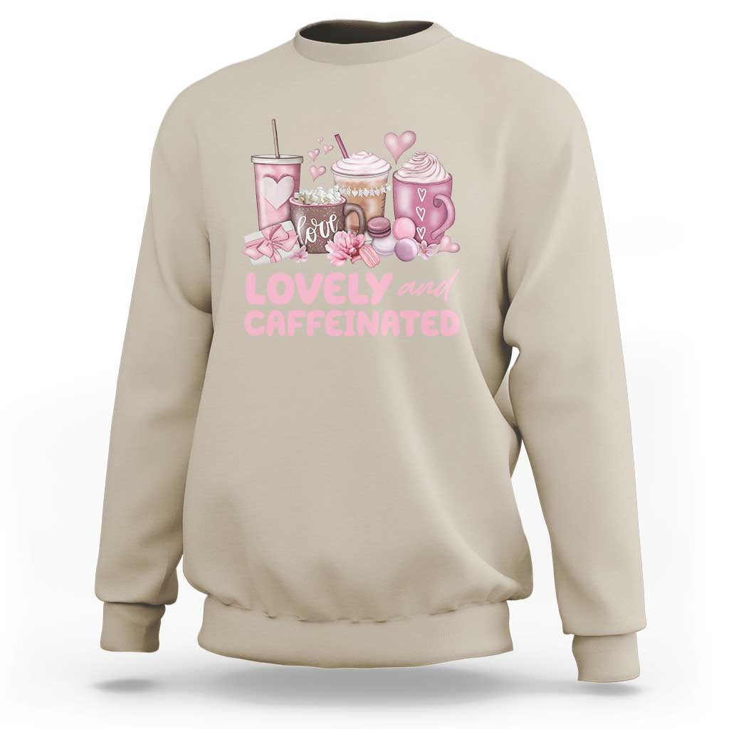 Sand-beige crewneck sweatshirt with pink coffee and hearts graphic on chest
