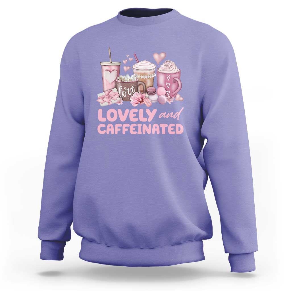 Periwinkle purple crewneck sweatshirt with pink coffee and hearts graphic on chest